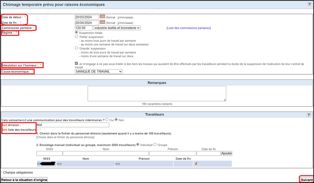 Screenshot of page for temporary unemployment for economic reasons. Fields for information to be filled in marked in red on the left side. Button to switch to next page marked in red at the bottom right.