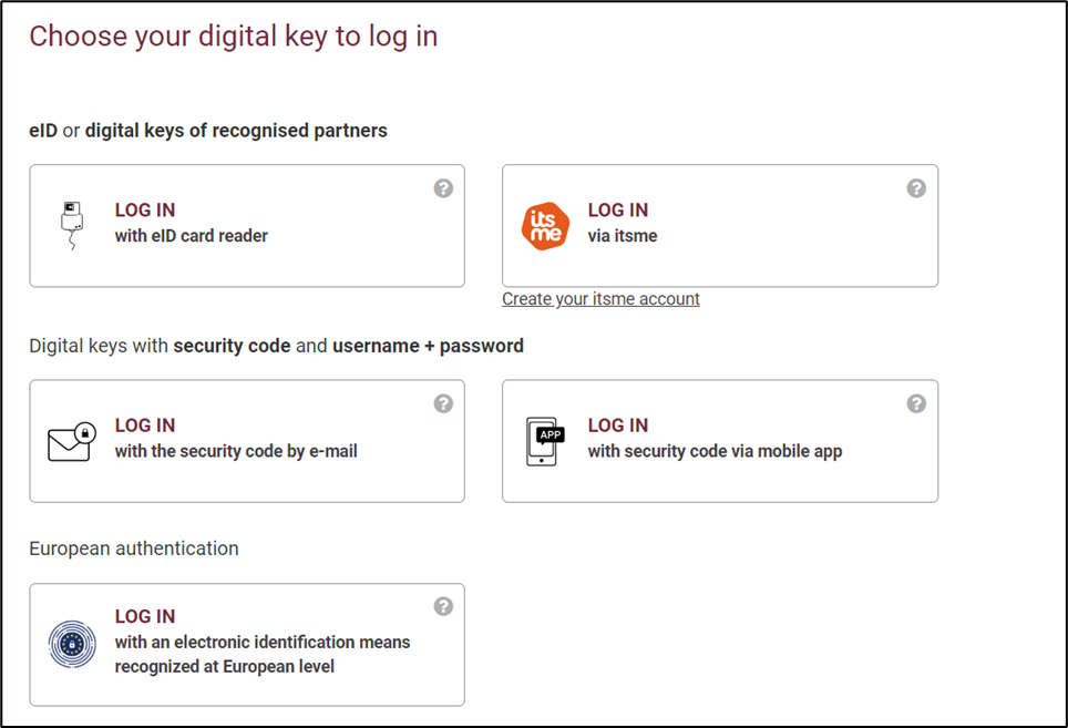 Screenshot of five possibilities to choose the digital key in log in. You can log via eID, itsme, security codes and with an electronic identification means recognized at European level.