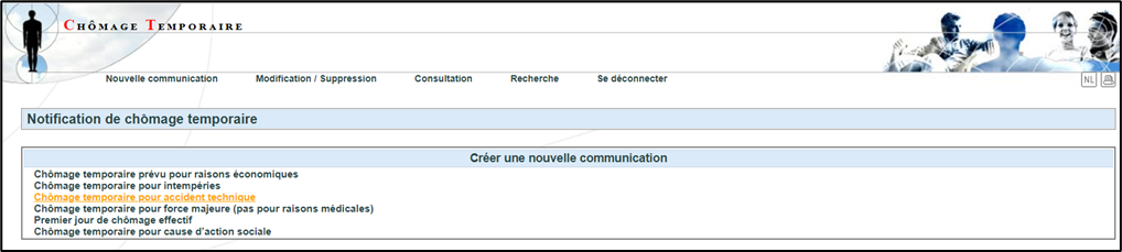 Screenshot that chose u list of temporary unemployment possibilities to choose Temporary unemployment due to a technical accident marked yellow in this list.