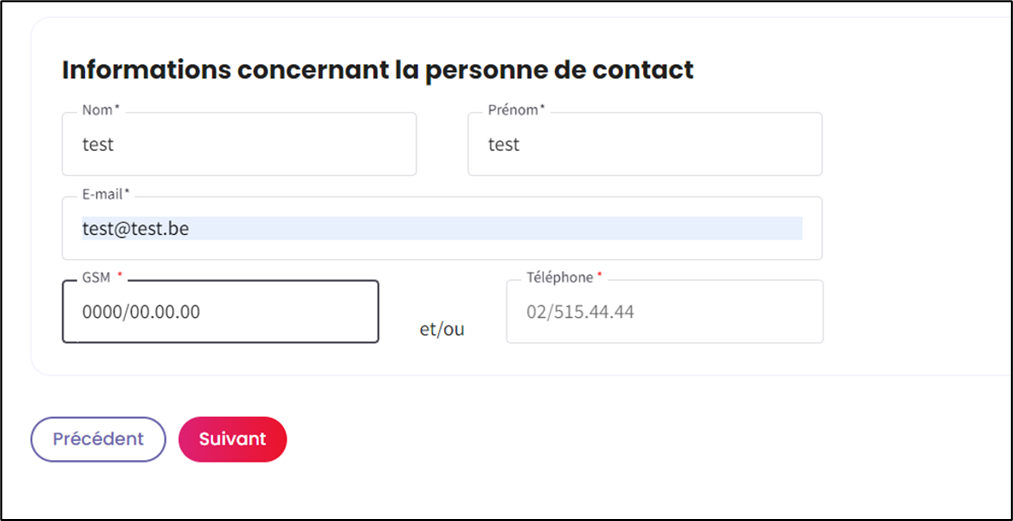 Screenshot to fill in information about the contact person. Fill in name, e-mail, phone numbers. At the bottom of the page you can return to the previous page clicking the left button and you can switch to the next page clicking the right button, which is marked red.