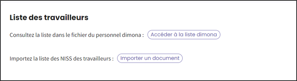 Screenshot of list of employees. One button to import dimona list. One button to import a document.
